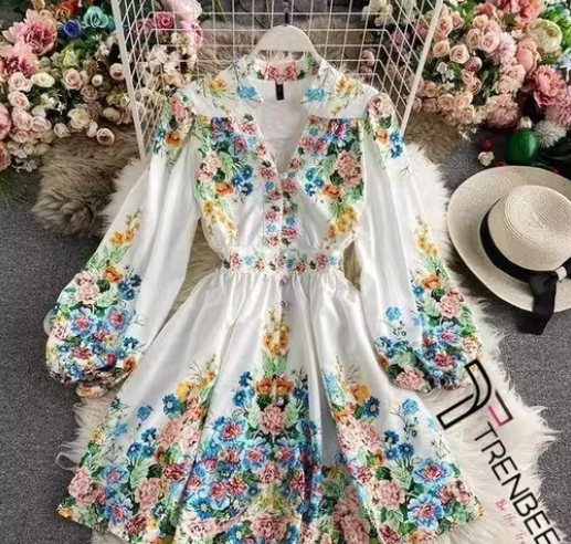 Puff Sleeve Stylist Floral Printed Dresses For Women