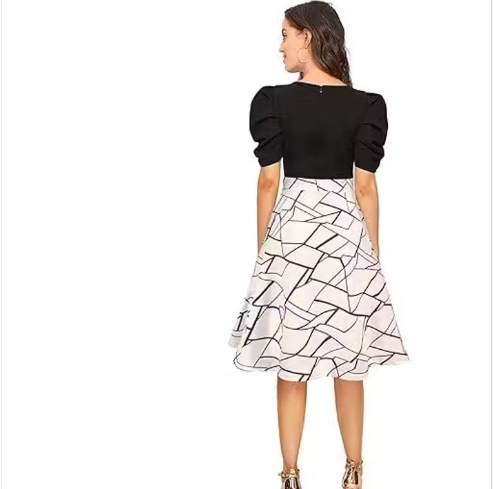 Womens Dresses for Work,Women's Vintage Short Sleeve Patchwork Pockets Puffy Swing Casual Party Dress