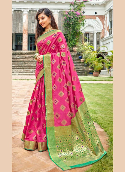 Riddhi Siddhii Creation Woven Kanjivaram Pink soft cotton Saree With Twirling Blouse Piece..